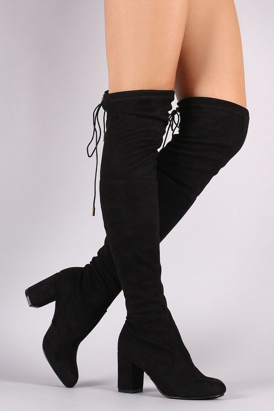 Suede Drawstring Tie Chunky Heeled Over-The-Knee Boots