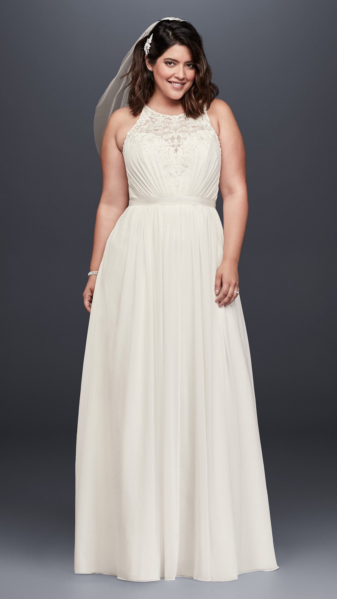 Beaded Chiffon Halter Plus Size Wedding Dress | David\'s Bridal | Halter wedding dress, Davids bridal wedding dresses, Plus size wedding gowns