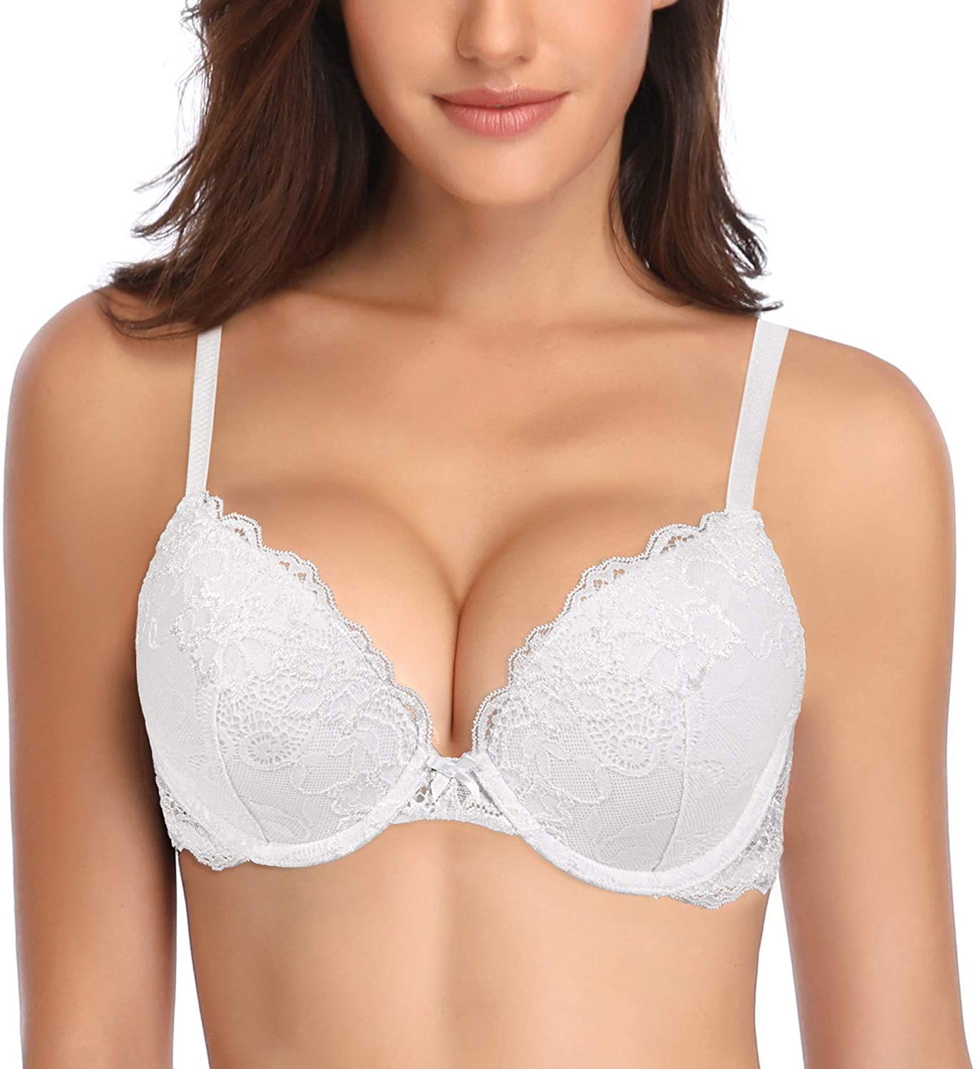 Deyllo Women’s Push Up Lace Bra Comfort Padded Underwire Bra Lift Up Add One Cup