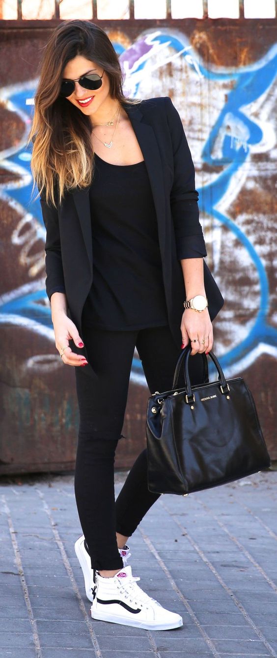 all-black look with a jacket and leggings